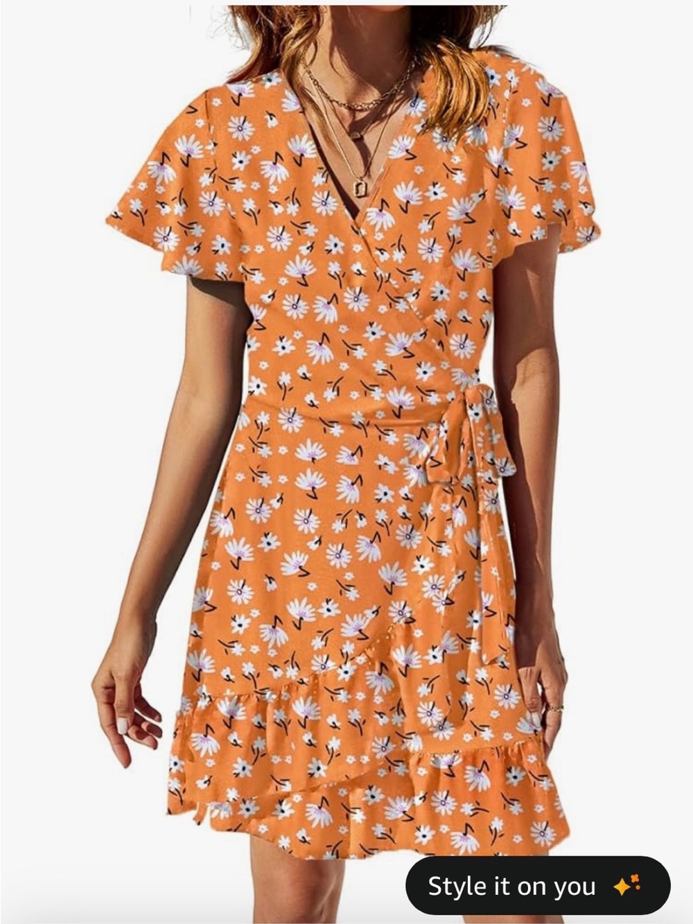 Orange floral wrap dress Amazon